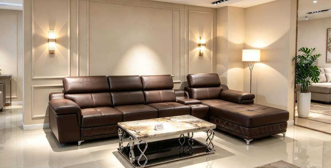 Sofa L Signature Headrest Reclining by Limun Jaya Furniture + Meja Batu Besar