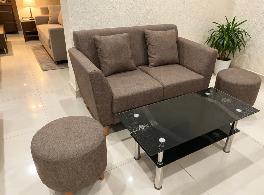 Sofa 2 Seater Minimalis + 2bh Stool Bonus Meja Kaca