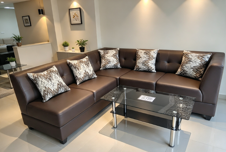 Sofa Set L 3.2 Minimalis Oskar Dark Brown Bonus Meja Kaca